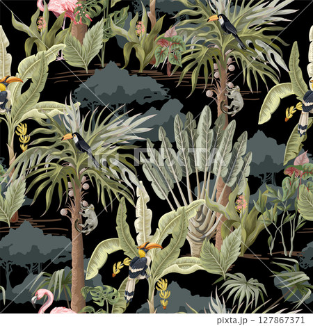 Seamless pattern with jungle animals, flowers and trees. Vector. Seamless pattern with jungle animals, flowers and trees. Vector. 127867371