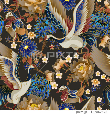 Seamless pattern with mandarin ducks, flowers and cranes. Vector. 127867378