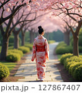 桜の木の下に立つ着物の女性/春の日本の風景 127867407