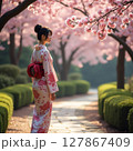 桜の木の下に立つ着物の女性/春の日本の風景 127867409