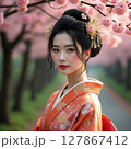 桜の木の下に立つ着物の女性/春の日本の風景 127867412