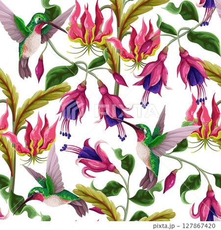 Seamless pattern with hummingbirds and tropical flowers. Trendy vector print. 127867420