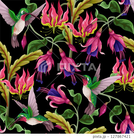 Seamless pattern with hummingbirds and tropical flowers. Trendy vector print. Seamless pattern with hummingbirds and tropical flowers. Trendy vector print. 127867421