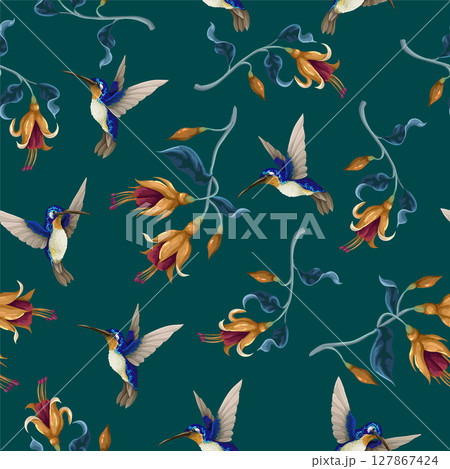 Seamless pattern with hummingbirds and tropical flowers. Trendy vector print. 127867424