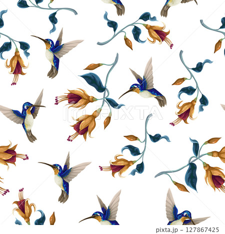 Seamless pattern with hummingbirds and tropical flowers. Trendy vector print. 127867425