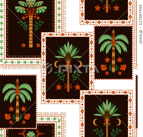 Seamless pattern with simple palms and geometrical ornament. Vector. Seamless pattern with simple palms and geometrical ornament. Vector. 127867444