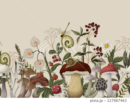 Border with mushrooms, berries, plants and leaves. Vector. Border with mushrooms, berries, plants and leaves. Vector. 127867463