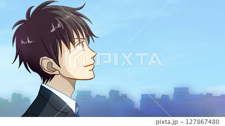 都会で青空を見上げる制服の男子学生または社会人の横顔右向きアニメ風イラスト、右に余白 127867480