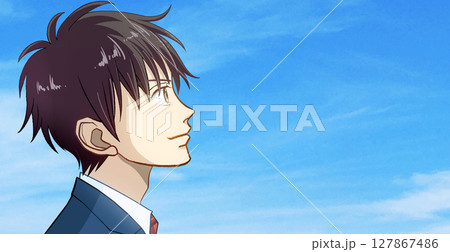 青空を見上げる制服の男子学生または社会人の横顔右向きアニメ風イラスト、右に余白 127867486