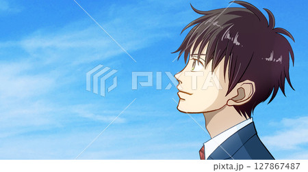 青空を見上げる制服の男子学生または社会人の横顔左向きアニメ風イラスト、左に余白 127867487