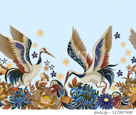 Border with mandarin ducks, flowers and cranes. Vector. 127867490
