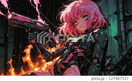 Fierce Anime Girl Cyborg with Gun in Cyberpunk Setting 127867527