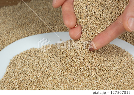 White Quinoa Seeds Pour. Healthy Superfood Texture. White Quinoa Seeds Pour. Healthy Superfood Texture. 127867815