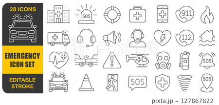 Emergency editable stroke line icon set. Simple minimal thin Emergency line icons collection. Related SOS, safety, alarm, abulance, hospital warning. Vector illustration. Isolated on white background. Emergency editable stroke line icon set. Simple minimal thin Emergency line icons collection. Related SOS, safety, alarm, abulance, hospital warning. Vector illustration. Isolated on white background. 127867822
