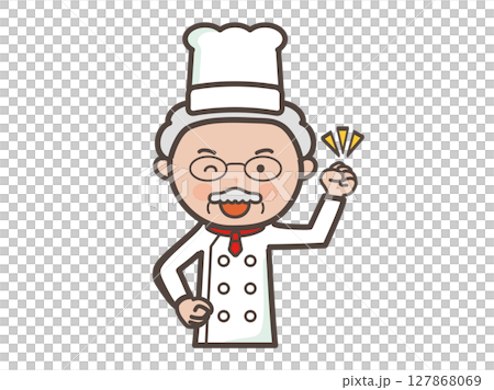 Illustration of the upper body of a motivated veteran male chef posing with his fist in the air 127868069