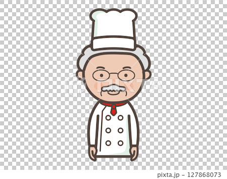 笑顔で正面を向くベテラン男性コックさんの上半身イラスト 127868073