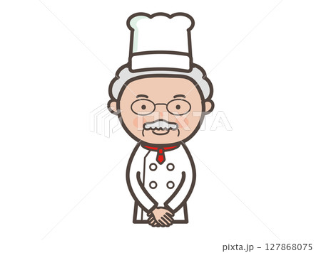 接客ポーズで出迎えるベテラン男性コックさんの上半身イラスト 127868075