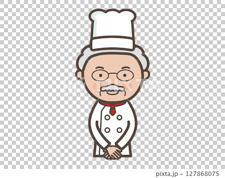 圖：一位資深男廚師以顧客服務姿勢迎接顧客的上半身 127868075