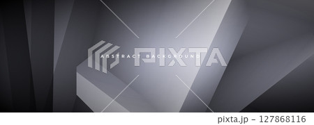 Dark gray modern abstract wide banner background with 3D diagonal geometric shapes. 127868116