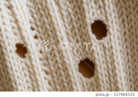White knitwear with holes caused by moths 127868328