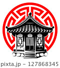 Traditional East Asian pagoda with ornate roof, paper lanterns and geometric red circle background in modern vector art style 127868345