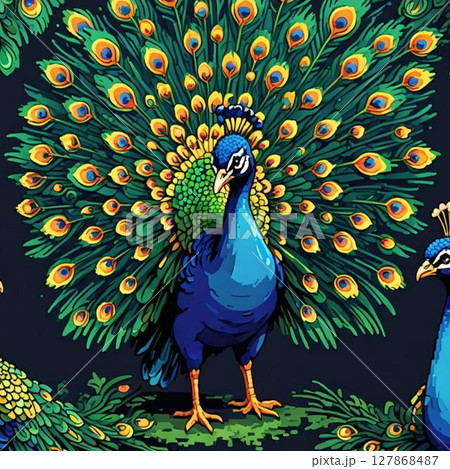 かわいいドット絵　クジャクさん ラインスタンプ風   127868487