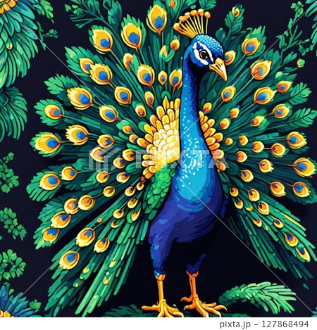 かわいいドット絵　クジャクさん ラインスタンプ風   127868494