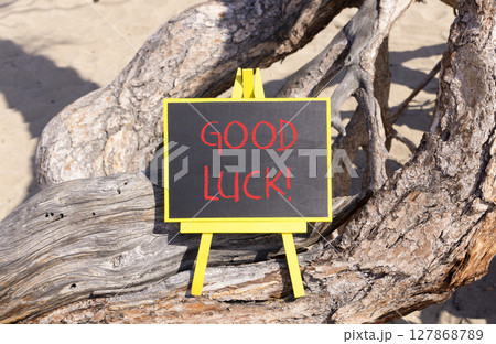 Good luck symbol. Concept words Good luck on beautiful black yellow blackboard. Beautiful tree background. Business, motivational good luck concept. Copy space. 127868789