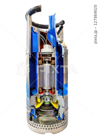 Exploring the intricate mechanics of a cutaway centrifugal pump showcasing innovative engineering design. Isolated on white background. 127869020