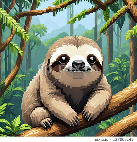 かわいいドット絵　ナマケモノさん ラインスタンプ風   127869145