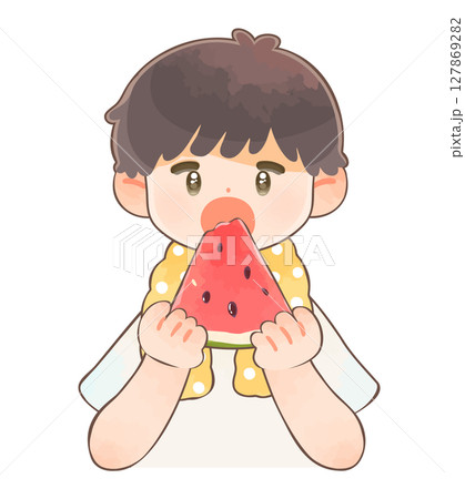 大きく口を開けてスイカを食べている男の子 大きく口を開けてスイカを食べている男の子 127869282