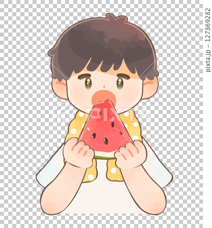 大きく口を開けてスイカを食べている男の子 大きく口を開けてスイカを食べている男の子 127869282