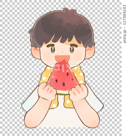 笑顔でスイカを食べている男の子 笑顔でスイカを食べている男の子 127869283