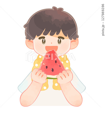 笑顔でスイカを食べている男の子 127869286