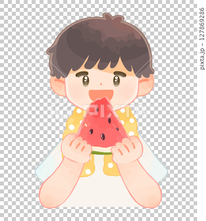 笑顔でスイカを食べている男の子 127869286