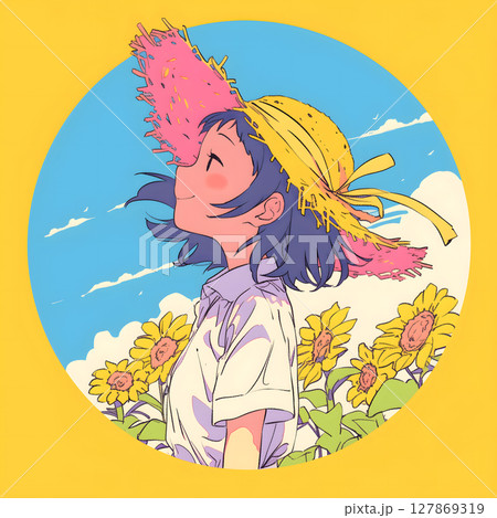 麦わら帽子をかぶった少女がひまわり畑で空を見上げる 127869319