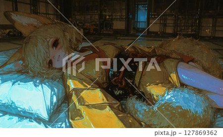 Mysterious Kitsune Anime Girl in Kimono on Tatami Mat 127869362