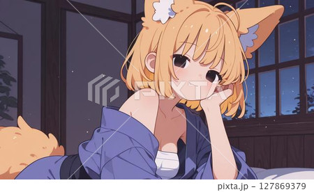 Cute Kitsune Anime Girl in Kimono Relaxing 127869379