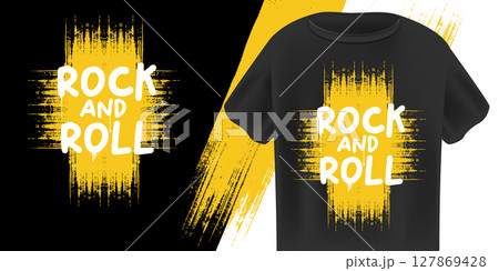 Rock N Roll T-Shirt Design Vector with bold Orange and White Grunge Text with Paint Splatters on Black Background, Ideal for Music, Streetwear, and Festival Apparel. Rock n roll logo design template 127869428