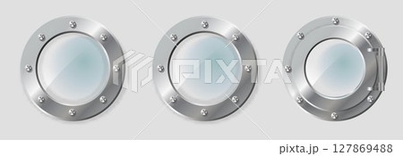 .Realistic Illustration of metal porthole of various shape on transparent background isolated vector illustration. 127869488