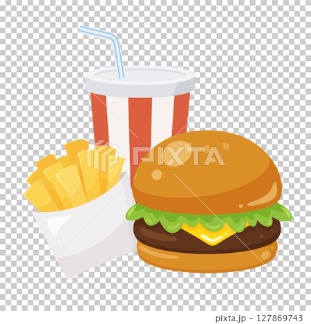 Illustration material of a set of hamburger, fries and drink Illustration material of a set of hamburger, fries and drink 127869743