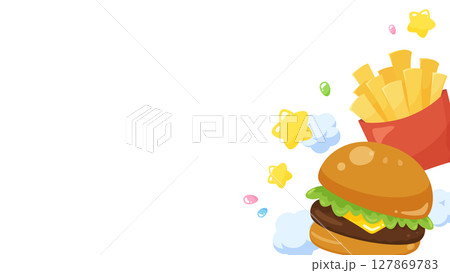 かわいいハンバーガーとポテトのフレームイラスト_16:9 かわいいハンバーガーとポテトのフレームイラスト_16:9 127869783