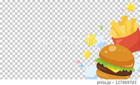 かわいいハンバーガーとポテトのフレームイラスト_16:9 かわいいハンバーガーとポテトのフレームイラスト_16:9 127869783
