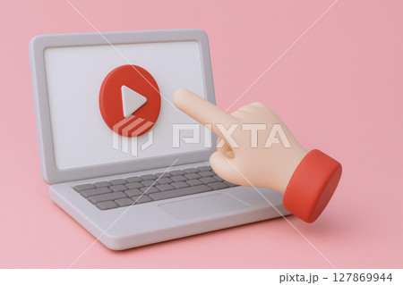 3D cartoon hand clicking play on laptop 127869944