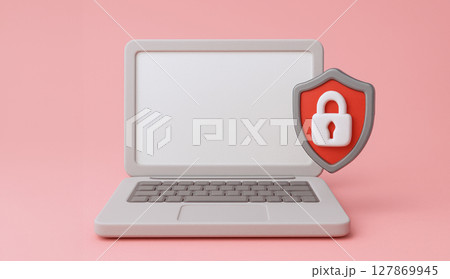 3D laptop with security lock shield icon 127869945