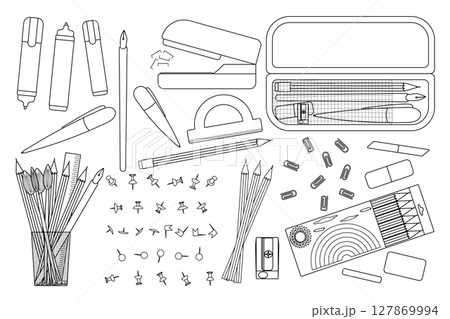 Coloring page with outline collection school supplies including pencils, pens, erasers, sharpener, markers set, stapler and case. For entertaining kids activity, back to school black and white design. Coloring page with outline collection school supplies including pencils, pens, erasers, sharpener, markers set, stapler and case. For entertaining kids activity, back to school black and white design. 127869994
