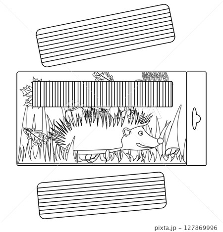 Vector coloring page with modeling clay set in autumn theme box with hedgehog and leaves. School art supplies for kids creativity. For entertaining kids activity, back to school black and white design Vector coloring page with modeling clay set in autumn theme box with hedgehog and leaves. School art supplies for kids creativity. For entertaining kids activity, back to school black and white design 127869996