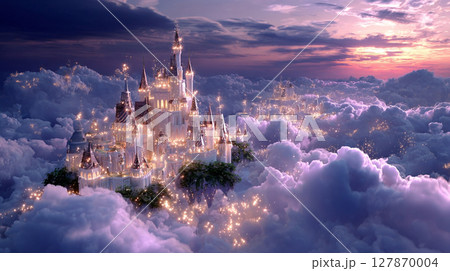 Fantasy magic castle glowing dreamlike floating fantasy. castle in the sky surrounded by magical lights and surreal landscape. Cinematic, high-resolution artwork. 127870004