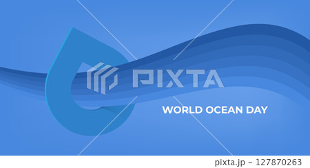 World OCEAN Day Simple Blue Drop Illustration on Light blue water Background for Environmental Awareness and Sustainable Resource Use. World ocean day banner design template 127870263