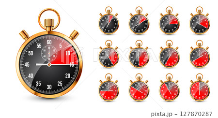 Realistic classic stopwatch. Shiny golden metal chronometer, time counter with dial. Red countdown timer showing minutes and seconds. Time measurement for sport, start, finish. Vector illustration Realistic classic stopwatch. Shiny golden metal chronometer, time counter with dial. Red countdown timer showing minutes and seconds. Time measurement for sport, start, finish. Vector illustration 127870287